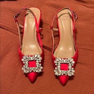 New Day Women's Red Embellished Pointed Slingback Heels